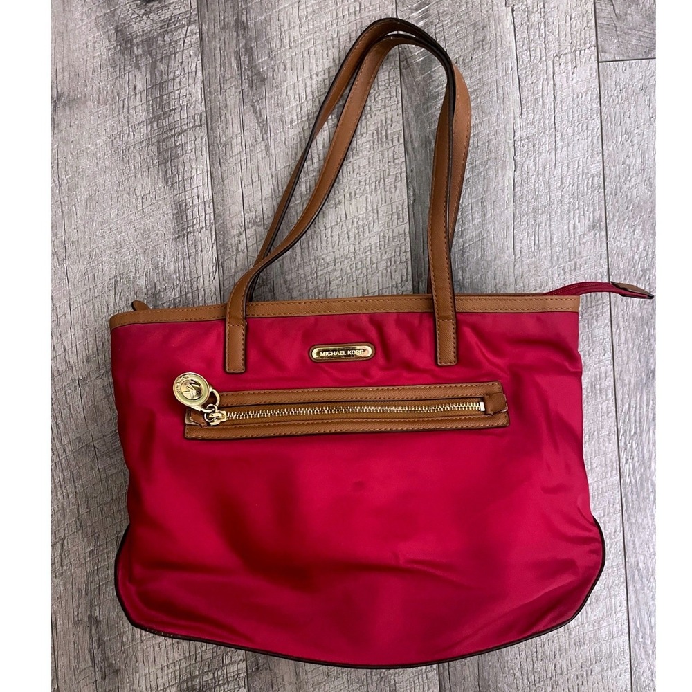 Michael‎ Kors Pink Nylon Saffiano Leather Trim Tote Bag Gold Hardware MK Logo